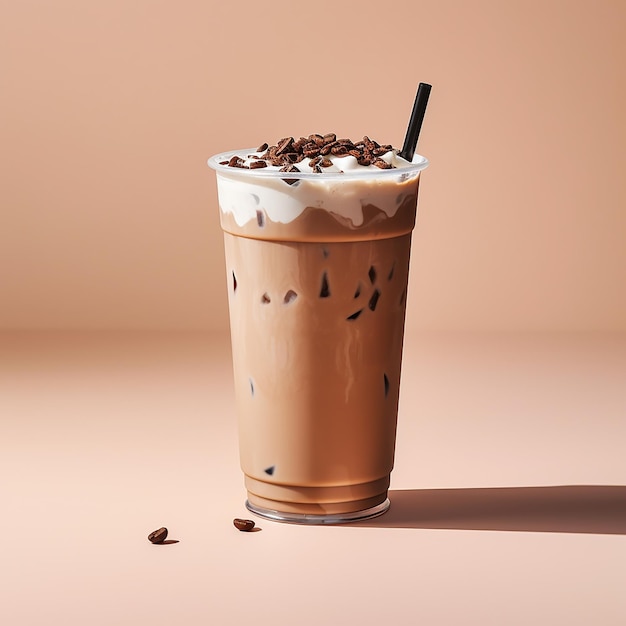 Iced blended chocolate black forest inside a plastic coffee cup high angle of product photo