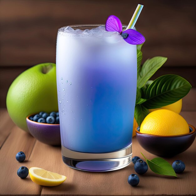 Iced butterfly pea lemonade with straw and water drops condensed