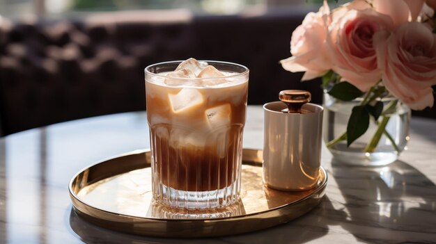 Foto iced cappuccino elegant geplaatst in een glas op een marmeren tafel