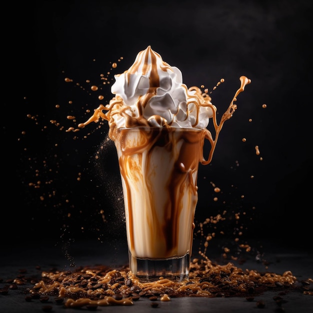 Iced caramel coffee with whipped cream and coffee beans on black background