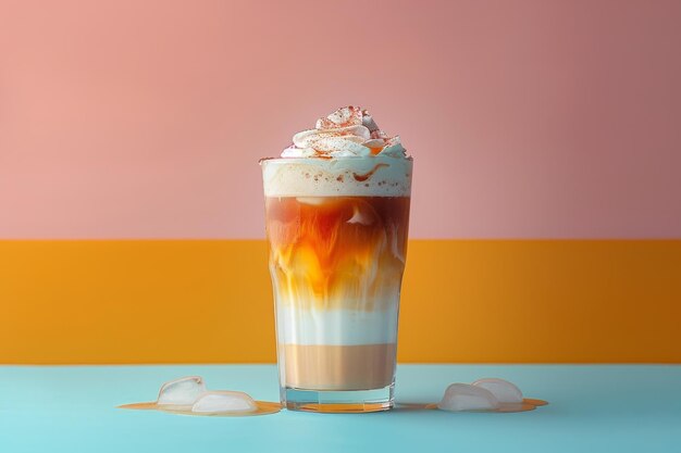 Photo iced caramel latte coffee with whipped cream and caramel syrup in glass with ice cubes