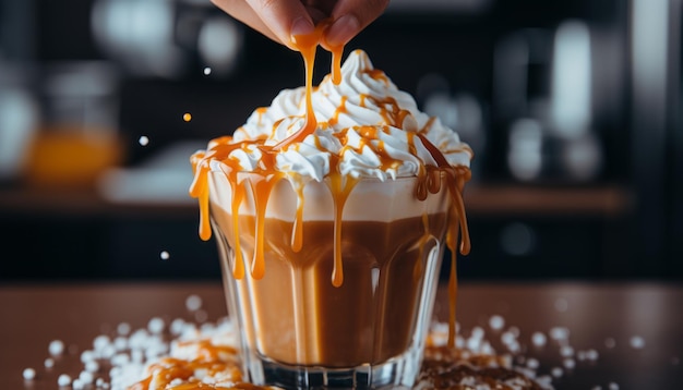 Iced caramel latte with whipped cream and caramel sauce on white stone table in modern kitchen