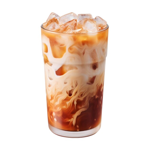 Iced caramel macchiato in de glazen beker geïsoleerd op een witte achtergrond