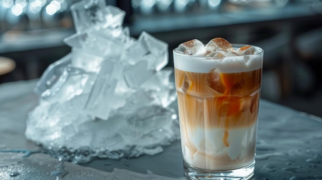 Foto iced caramel macchiato koffie geserveerd op een bar met kristallen heldere ijsblokjes naast het glas