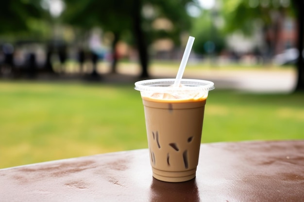 Iced chai latte in a takeaway cup on a park bench