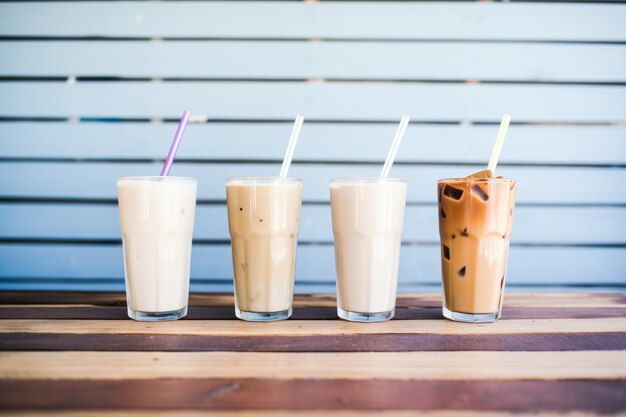 Iced chai latte trio in varying milk shades on wood