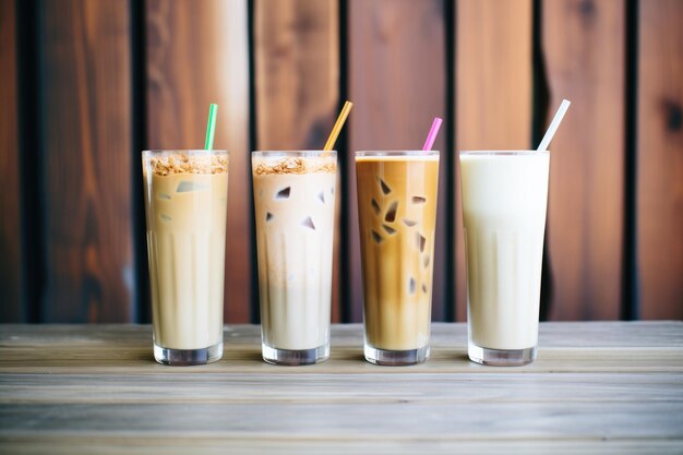 Foto trio di chai latte ghiacciato in varie sfumature di latte su legno