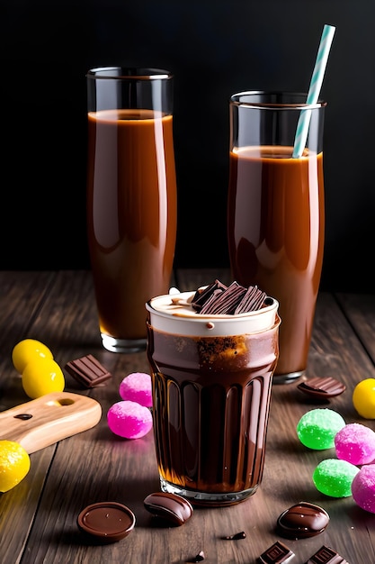 Iced chocolade milkshake op donkere achtergrond