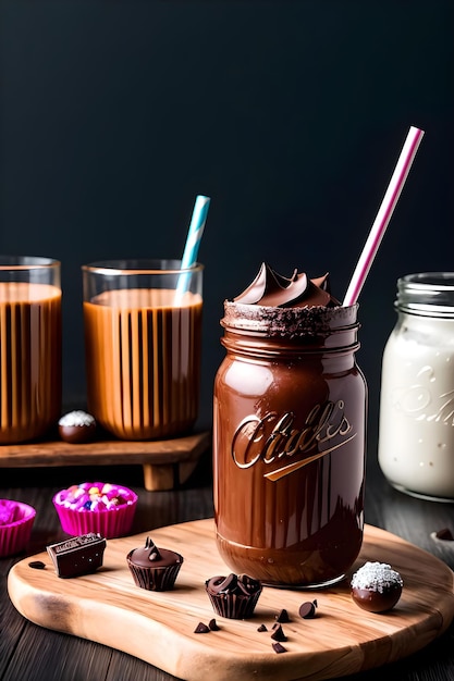 Iced chocolade milkshake op donkere achtergrond