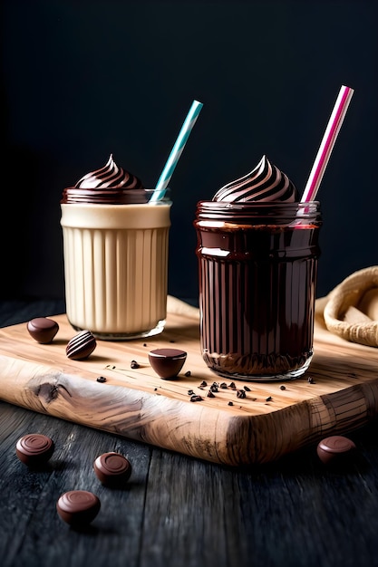 Foto iced chocolade milkshake op donkere achtergrond