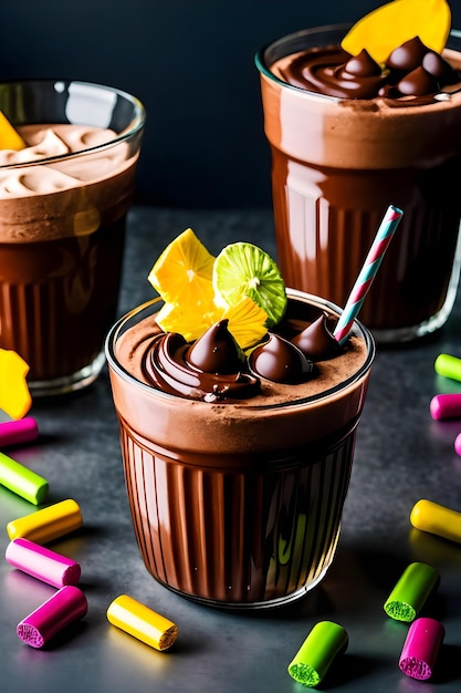 Iced chocolade milkshake op donkere achtergrond