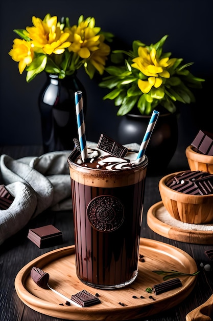 Iced chocolade milkshake op donkere achtergrond