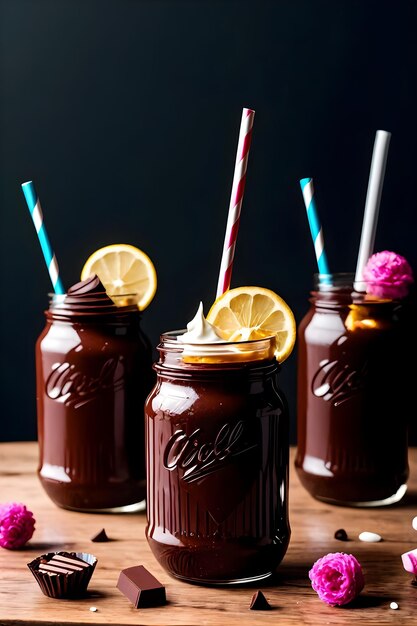 Iced chocolade milkshake op donkere achtergrond