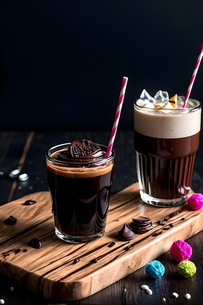 Iced chocolade milkshake op donkere achtergrond