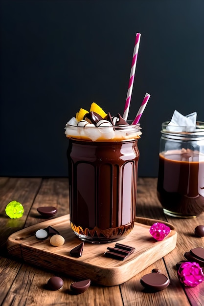 Iced chocolade milkshake op donkere achtergrond