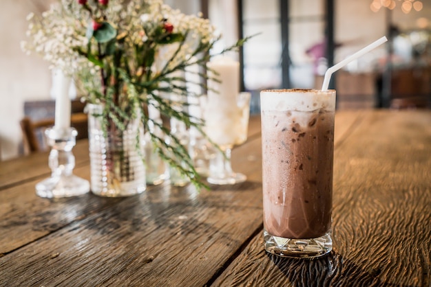 iced chocolate glass in cafe