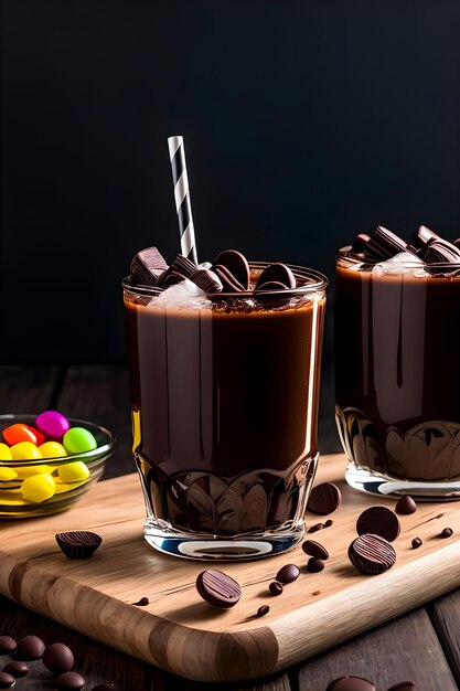 Foto frappè al cioccolato ghiacciato su sfondo scuro