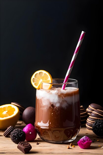Photo iced chocolate milkshake on dark background