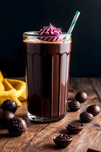 Iced chocolate milkshake on dark background