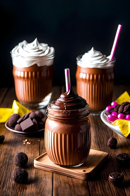 Iced chocolate milkshake on dark background