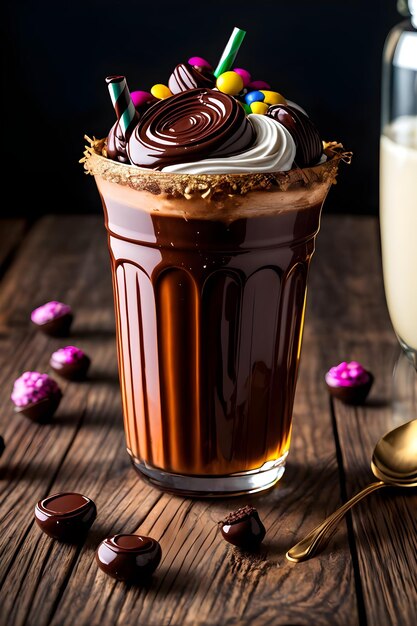 Iced chocolate milkshake on dark background