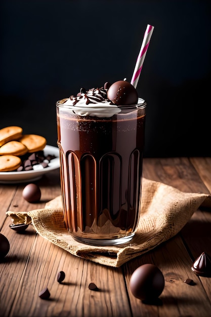 Iced chocolate milkshake on dark background