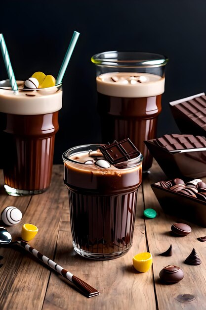 Iced chocolate milkshake on dark background