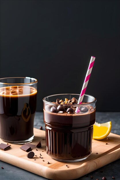 Iced chocolate milkshake on dark background