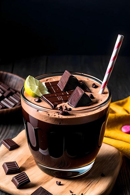 Iced chocolate milkshake on dark background