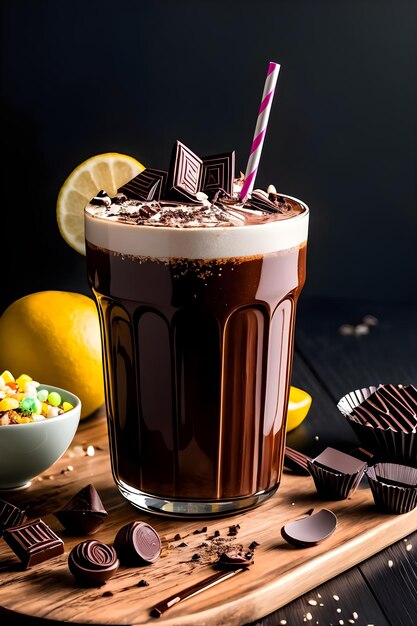 Iced chocolate milkshake on dark background