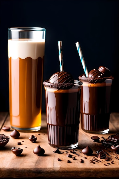 Шоколадный молочный коктейль со льдом на темном фоне