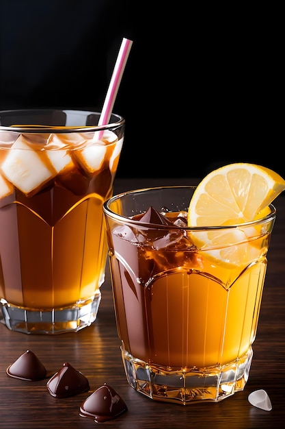 Iced chocolate milkshake on dark background