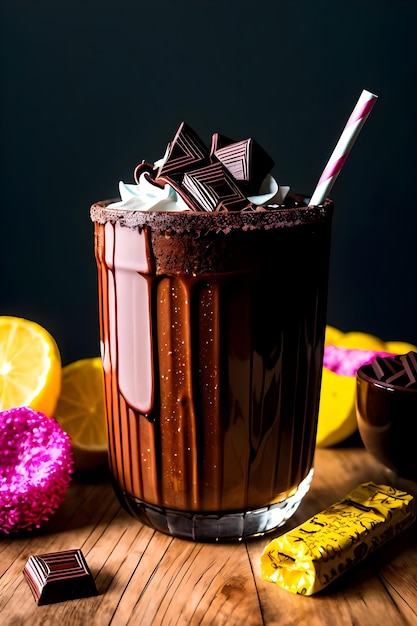 Iced chocolate milkshake on dark background