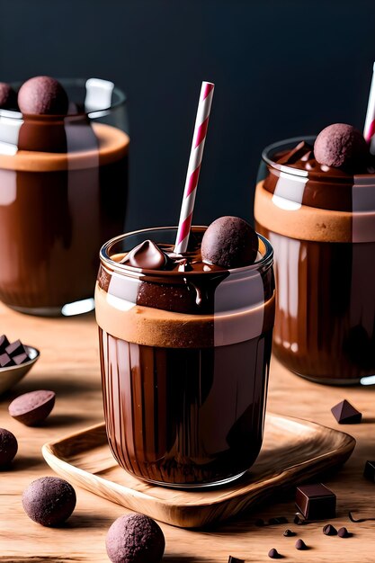 Photo iced chocolate milkshake on dark background