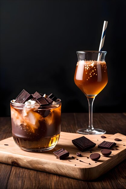 Iced chocolate milkshake on dark background