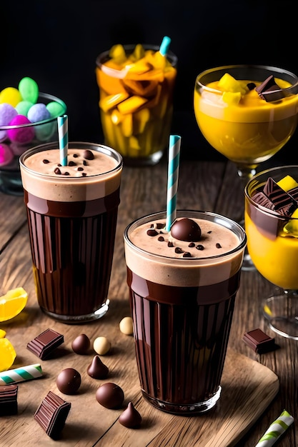 Iced chocolate milkshake on dark background