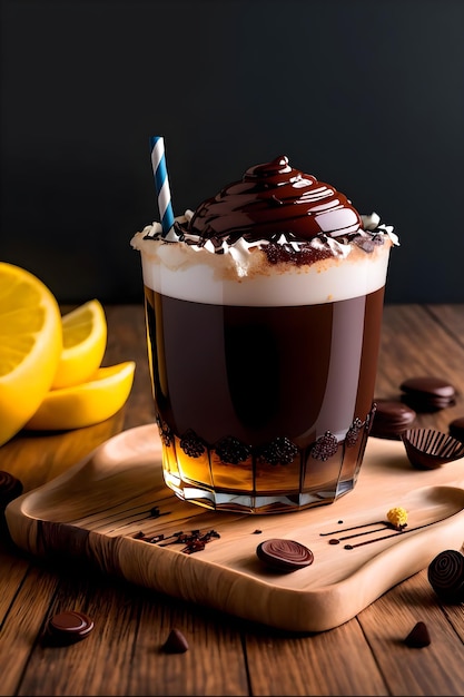 Iced chocolate milkshake on dark background