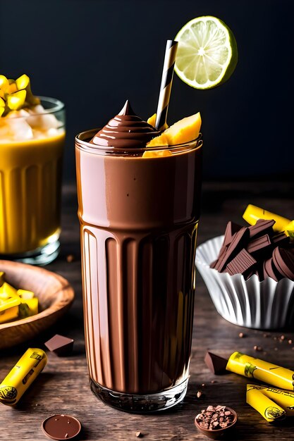 Iced chocolate milkshake on dark background