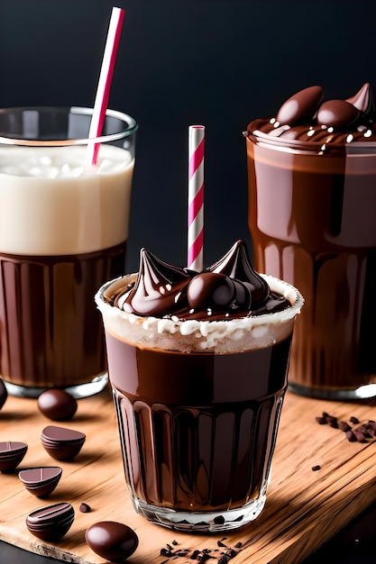 Iced chocolate milkshake on dark background