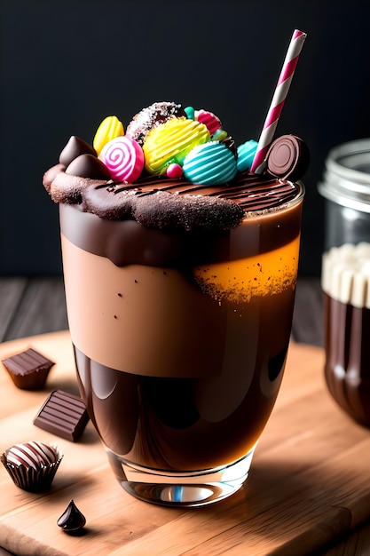 Iced chocolate milkshake on dark background