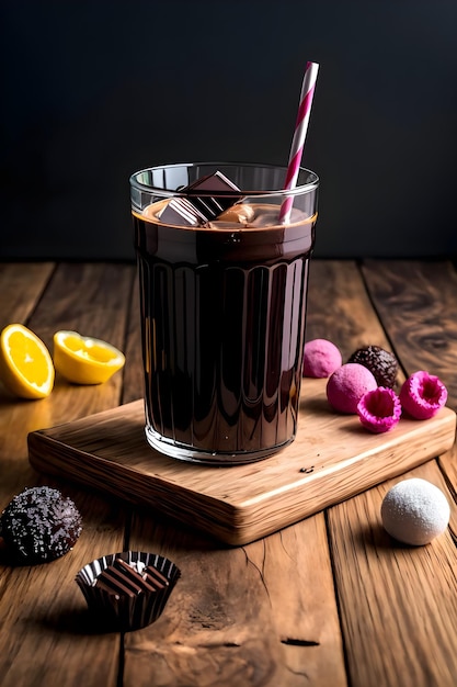 Шоколадный молочный коктейль со льдом на темном фоне