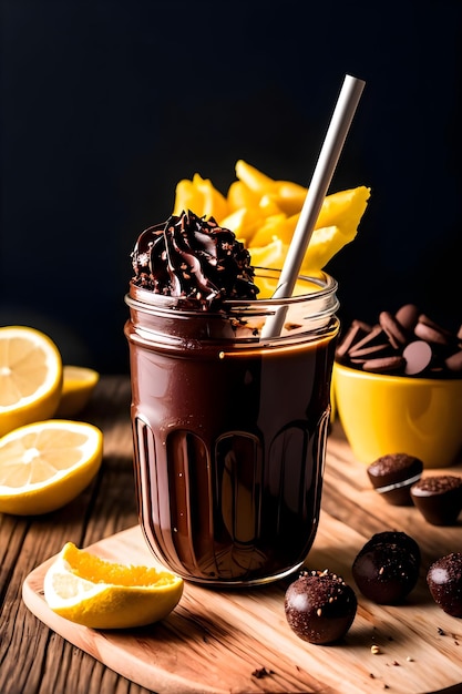 Foto frappè al cioccolato ghiacciato su sfondo scuro