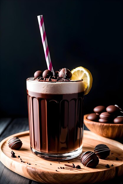 Фото Шоколадный молочный коктейль со льдом на темном фоне