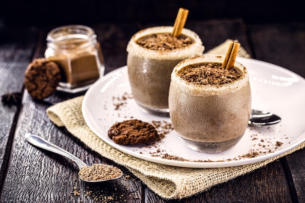 Iced chocolate mousse, typical summer dessert, home made cold chocolate with shavings