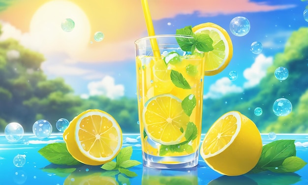 Iced citroen drankje stro glas cool illustratie hand getekend cartoon anime behang