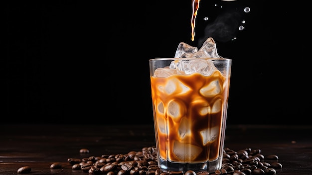 Iced coffee and coffee beans on a dark wooden background