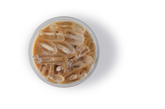 Iced coffee in cup plastic top view close up