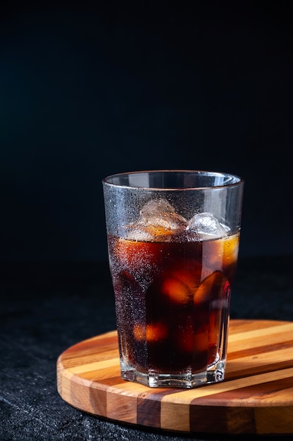 Iced coffee in a glass on dark background