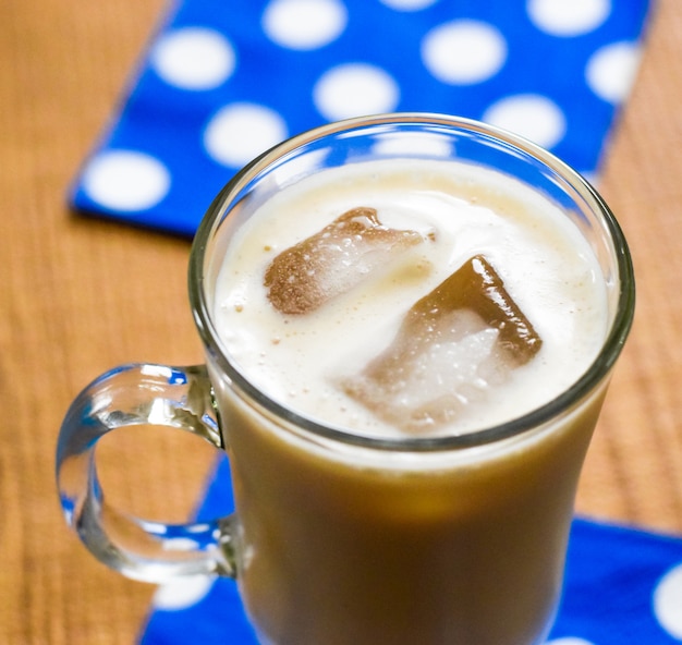 Iced coffee in a glass mug on wooden table