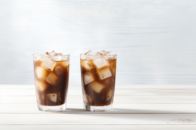 Iced coffee in glasses on wooden background
